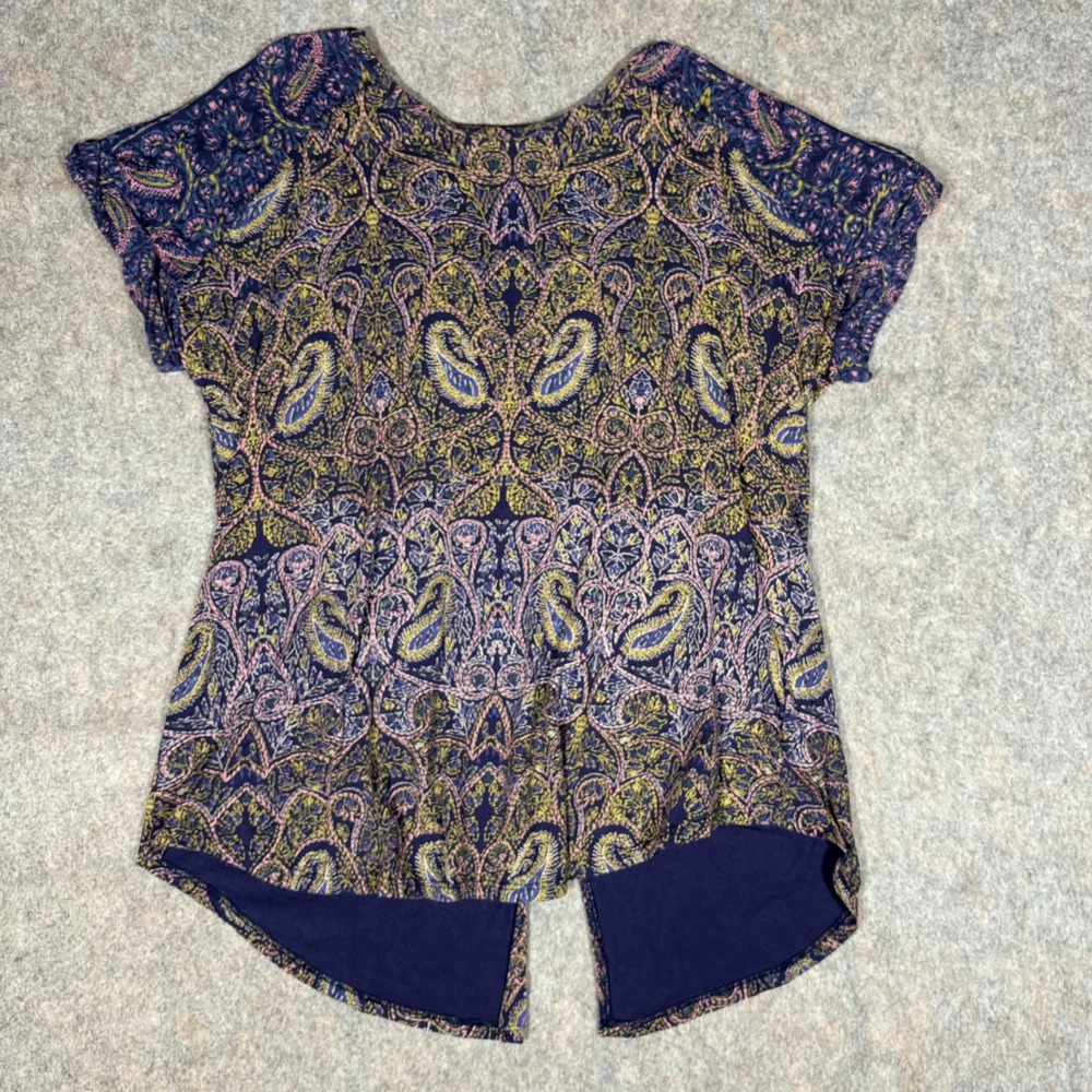 Lucky Brand Top Womens 1X Navy Blue Paisley Split Back Cotton Modal 7Q83037